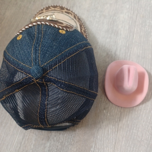 Western Ball Cap & Earring Set Girls Denim Cowgirl Horseshoe Horse Hair Gems - Picture 2 of 5